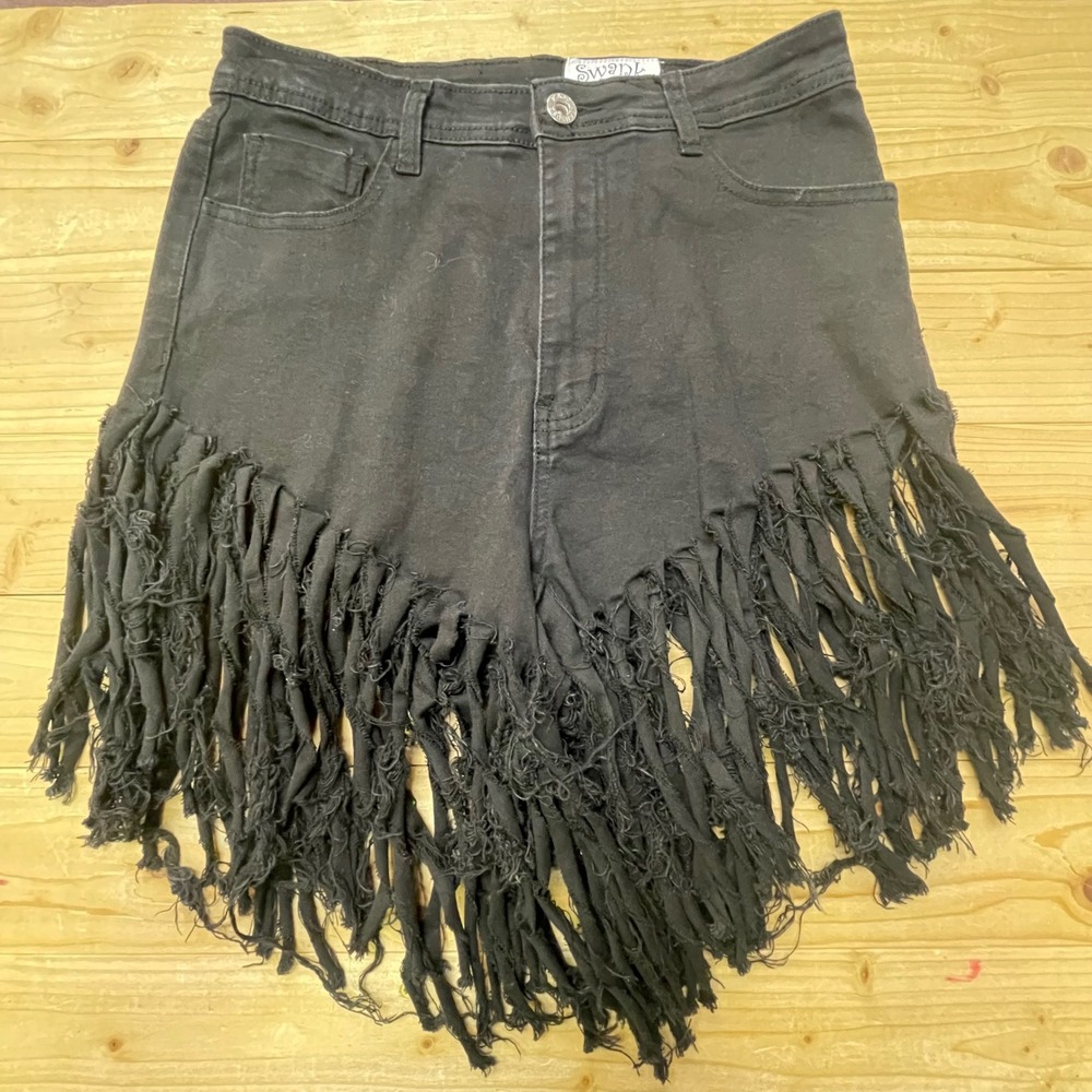 Swank A Posh Black Denim‎ Fringe Shorts Festival Fashion Distressed L
